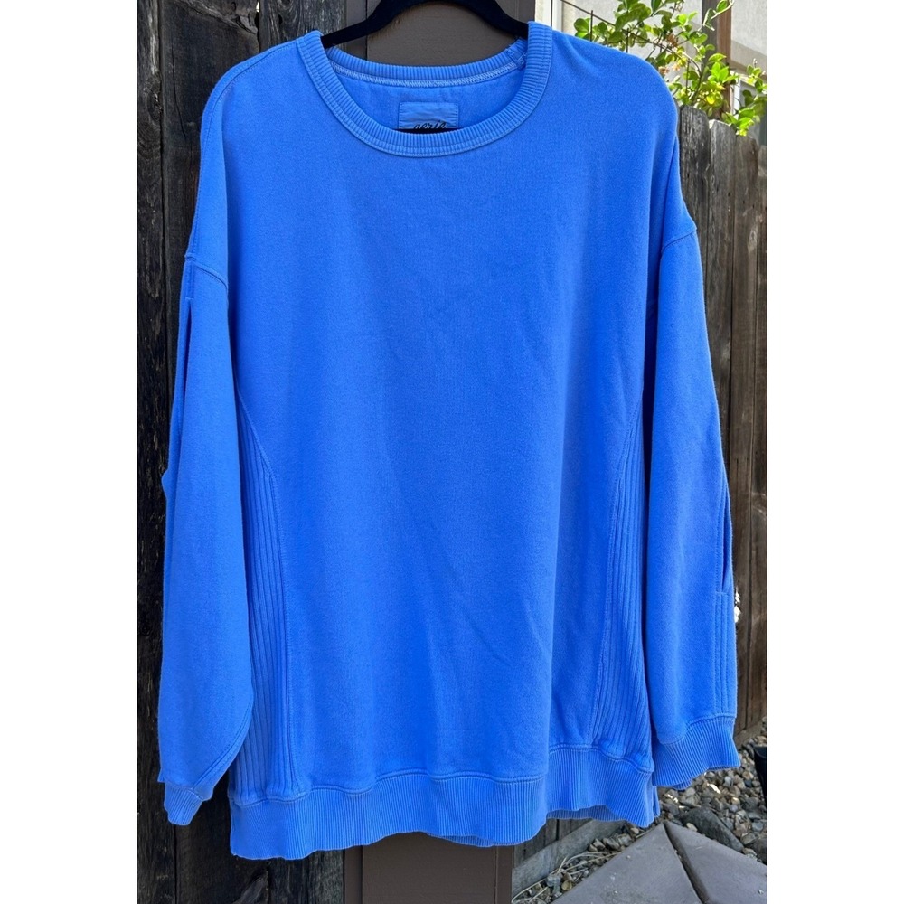 Aerie Womens L Blue Oversized Crewneck Sweatshirt Ribbed Side Panels Slit - Picture 2 of 13